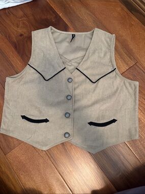 Beige Corduroy V-Neck Vest with Black Trim